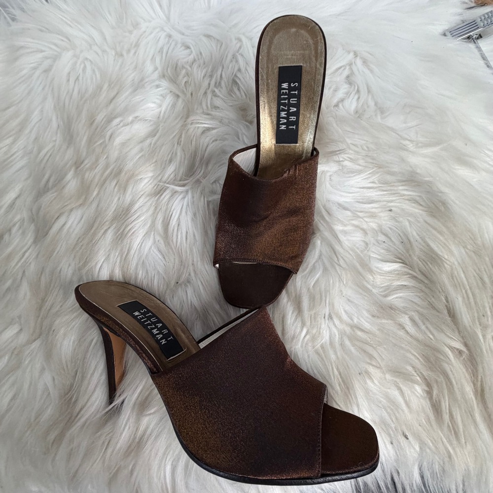 Stuart Weitzman Bronze Metallic Shimmer Open Toe Mule Heels Size 9.5 B